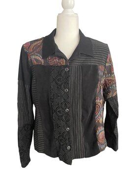 Vintage Women's Patchwork Button-Up Shirt Jacket Size 14 Tapestry Velvet Burnout